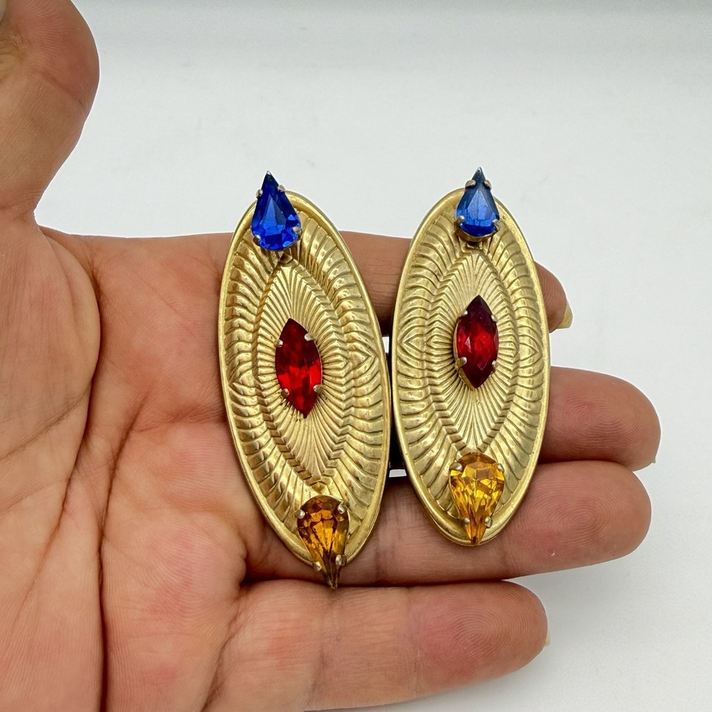 Clip On Earrings Womens Gold Tone Multicolor Good Long Rhinestone Statement